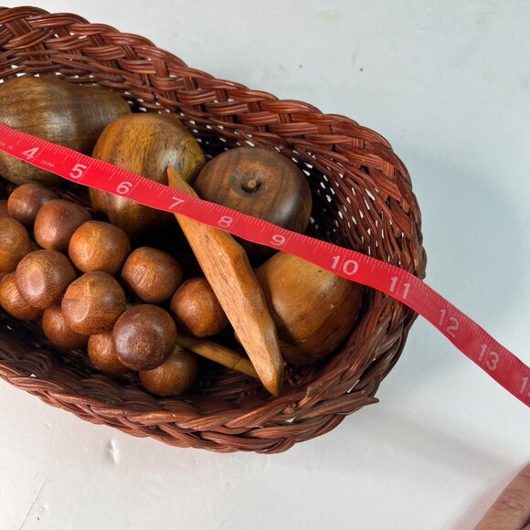 Handcrafted Wooden Faux Fruit & Veggie Décor In Woven Basket Apple Grapes Pear - Picture 10 of 11